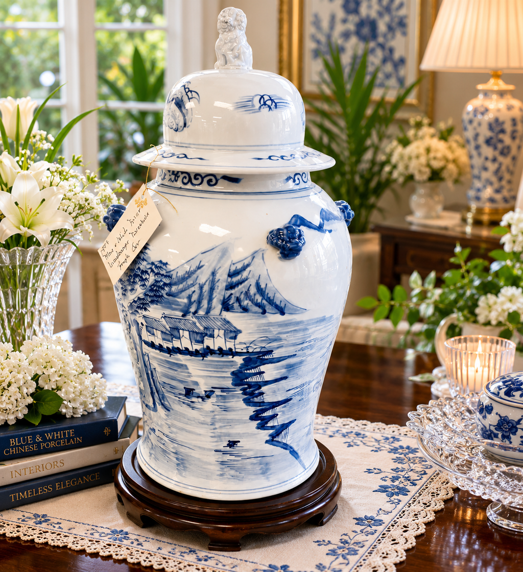 Large Blue & White Porcelain Ginger Jar with Lid Classic Decorative Ceramic Accent