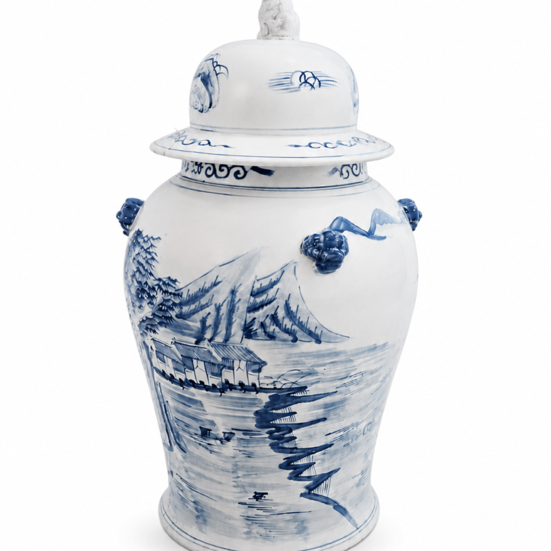 Large Blue & White Porcelain Ginger Jar with Lid – Classic Decorative Ceramic Accent