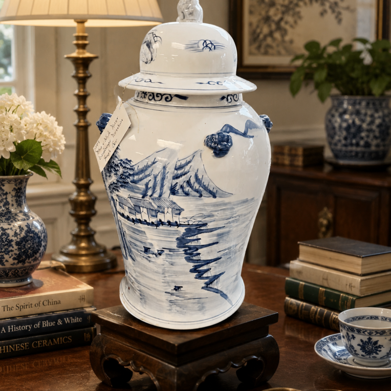 Alternative view of Large Blue & White Porcelain Ginger Jar with Lid – Classic Decorative Ceramic Accent